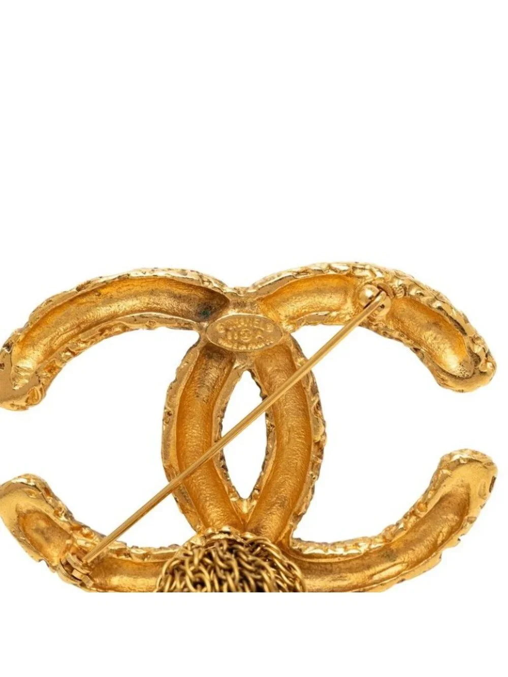 Chanel Vintage CC Logo Lava Fringe Brooch Gold Plated